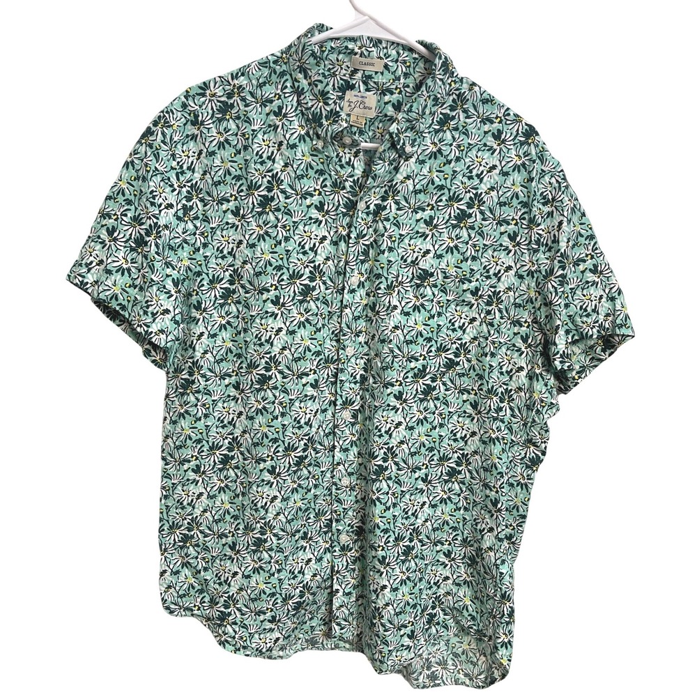 J.Crew Mens 100% Linen Daisy Floral Shirt Short Sleeve Green Button Down Size L